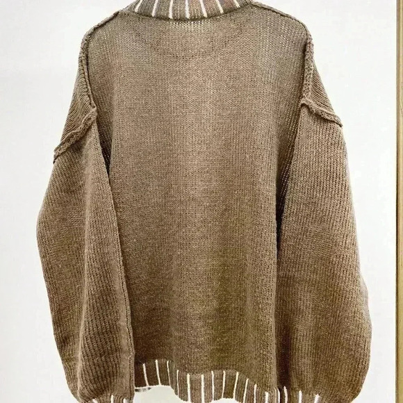 Khaki Casual Women's Oversized Drop Shoulder Long Sleeve Round Neck Sweater - Picture 2 of 5